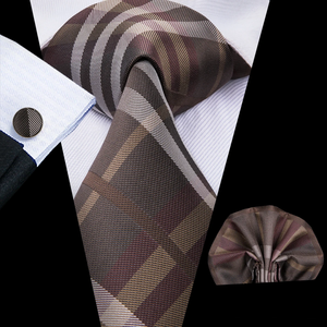Corbata de seda a cuadros marrón para hombre, conjunto de pañuelo de bolsillo y gemelos de alta calidad para boda - Product Image 1
