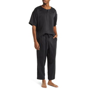Ensemble de pyjama en soie de mûrier véritable pour hommes, vêtements de nuit à manches longues, couleur unie, vêtements de nuit de haute qualité pour hommes, vêtements de détente doux pour la maison - Product Image 1