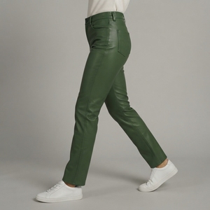 Pantalones de Cintura Alta para Mujer en PU Verde con Logotipo Bordado, Corte Regular, Estilo Casual para Otoño - Product Image 5