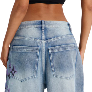 Jean en denim pour femme, taille mi-haute, coupe large, ample, décontracté, respirant, été, bleu délavé, imprimé graphique, style streetwear - Product Image 4