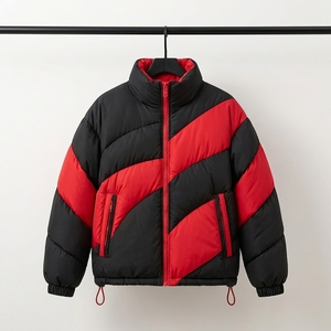 Blouson matelassé unisexe noir et rouge à col montant, manteau d'hiver chaud zippé, streetwear d'extérieur, vêtements personnalisés à marque privée OEM ODM - Product Image 3
