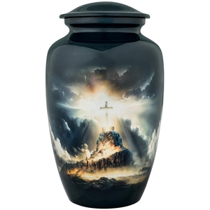 Urna Funeraria de Esmalte Rosa con Gráfico de Cruz Sagrada y Paloma Luminosa - Recipiente Metálico con Tapa Roscada - Product Image 3