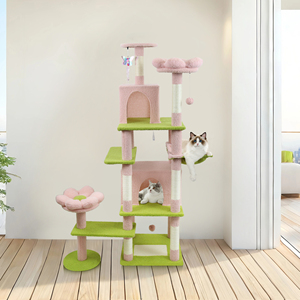 Arbre à chat moderne multi-niveaux en jute et sisal rose et vert avec griffoir, grand condo amovible, mobilier d'intérieur pour animaux de compagnie - Product Image 1