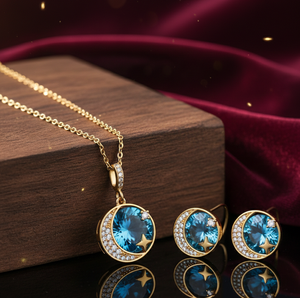 Conjunto de Collar y Pendientes de Topacio Azul Hidro y Circonita Cúbica de 10 mm, Plata de Ley 925, Chapado en Oro de 18K, Bonito Conjunto de Pendientes con Colgante, Regalo para Ella - Product Image 1