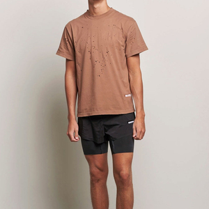 T-shirt décontracté pour homme, marron, à manches courtes et col rond, 100 % coton, en tissu toile lavé au laser, coupe oversize, respirant, couleur unie, tricoté - Product Image 3