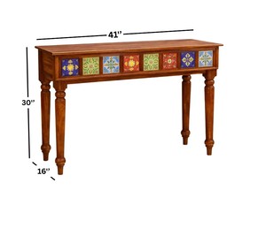 Traditional Solid Wood <b>Console</b> <b>Table</b> | Vintage Turned Leg Wooden <b>Console</b> <b>Table</b> | Hand Painted Tile Accent Entry <b>Table</b> - Product Image 4
