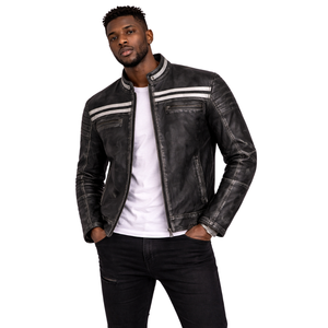 Blouson moto vintage noir pour homme, col montant, fermeture éclair, détails rayés sur les épaules, vêtement d'extérieur matelassé - Product Image 1