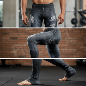 Men's Solid Plain Color Distressed Denim Print Compression Leggings High Waist Stretch Fitness Running Gym Tights Skinny Pants - Product Image 4