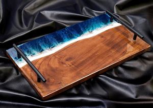 Handcrafted Acacia Wood & Blue Ocean Resin Serving Tray with Matte Black Metal Handles Large Wooden Ocean Wave Resin Art Serving - Product Image 2