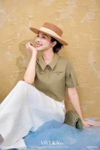 Camisa Corta de Mujer Verde Oliva con Cierre Frontal, Manga Casquillo, Cuello Camisero, Estilo Minimalista para Oficina, Color Sólido, Poliéster/Algodón, Primavera - Product Image 4