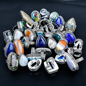 Handmade All Natural Cabochon Gemstone Cluster <b>Adjustable</b> <b>Ring</b> 925 Sterling Silver Plated Mix Shape Vintage Jewelry - Product Image 5