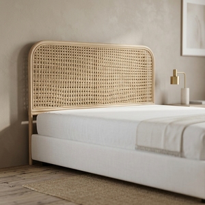 New Independent Furniture Modern Minimalist Woven Mesh <b>Rattan</b> Headboard <b>Bed</b> <b>Frame</b> Wood Eco-Friendly Brown Microfiber Upholstered - Product Image 2