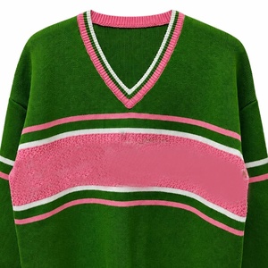 Suéter de punto personalizado para mujer de la hermandad universitaria, suéter con cuello en V a rayas verde y rosa, cárdigan con bloques de color OEM. - Product Image 2