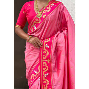 Sari en soie Paithani Rajhans tissé en zari rose bébé, vêtements indiens et pakistanais - Product Image 2