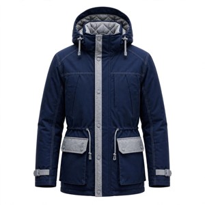 <b>Men's</b> Royal Blue Solid Front Logo Hooded <b>Long</b> Puffer <b>Jacket</b> Waterproof Autumn Zipper Closure Polyester Fleece Lining - Product Image 1