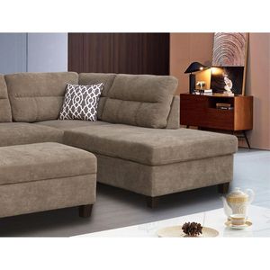 Divano Sezionale Diego 263 cm in Tessuto Marrone con Chaise Longue Orientata a Destra e Pouf Contenitore, 2 Cuscini Decorativi per Soggiorno - Product Image 3