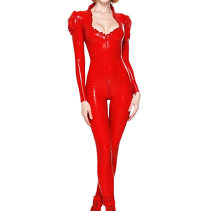 Mono largo rojo de mujer con revestimiento de PU, cintura alta, ajustado, con cremallera frontal y cuello con volantes, estilo clubwear, corte ceñido. - Product Image 1