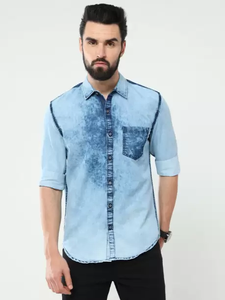 Chemise en jean vert olive pour homme, manches longues, col rabattu, couleur unie, coupe ajustée, style décontracté, tissée - Product Image 2