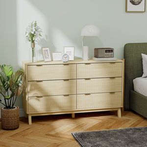 "Freestanding Fluted <b>6</b>-<b>Drawer</b> Double Dresser with Natural Wood Finish and Gold Finger Pulls" - Product Image 2