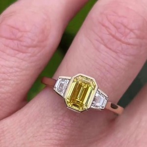 3ct Fancy Yellow Diamond Three Stone Bezel <b>Set</b> 14K White <b>Gold</b> Engagement <b>Ring</b> IGI Certified VS+ Clarity for Women - Product Image 3