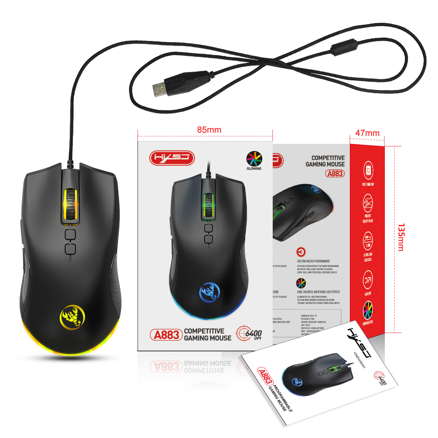 HXSJ A883 Wired Gaming Mouse - 7 Programmable Buttons, 6400 DPI