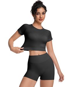 Women 2 Piece Yoga Set Solid Black <b>Crop</b> <b>Top</b> High Waist Shorts Breathable Workout Outfit Crew Neck Short Sleeve Shirt And Short - Product Image 3