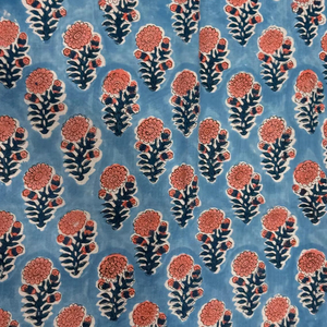 Handcrafted Blue & Coral <b>Repeating</b> Floral Cotton Fabric. Indian textile Cotton. - Product Image 3