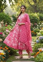 Ensemble Kurta Anarkali pour femmes, imprimé floral rose, col en V, robe évasée avec dupatta, tenue traditionnelle ethnique festive