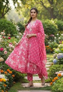 Conjunto de Kurta Anarkali con Estampado Floral Rosa para Mujer, Vestido con Cuello en V y Falda Acampanada con Dupatta, Traje Tradicional Étnico para Fiestas - Product Image 6