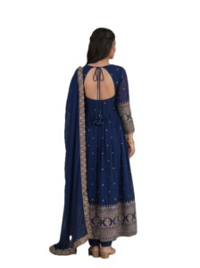 Vestido Tradicional Indio de Boda Salwar Kameez Anarkali, Largo hasta el Suelo, Azul, con Bordado, de Seda, Corte Holgado para Mujer - Product Image 3