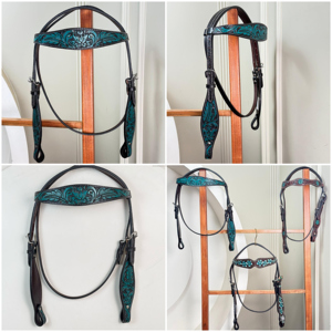 Cabezal de caballo de cuero tallado a mano Floral turquesa con acentos de cristal para Rodeo Trail & Barrel Racing Tack - Product Image 2