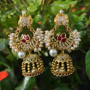 Peacock Gold Plated Brass Jhumka Earrings with Pearl Studs - Product Image 3