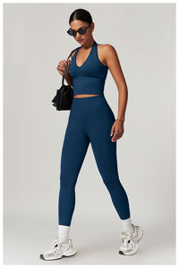 Gray 3-Piece Yoga Set High Waist Shorts V-Neck Crop <b>Top</b> Full-Length Seamless Spandex/Nylon Four-Way Stretch <b>Sweat</b> Wicking - Product Image 3