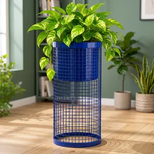 <b>Tall</b> Navy Blue Metal Wire Mesh Planter with Decorative Cylindrical Stand for Indoor Outdoor <b>Plants</b> Garden Patio Balcony Terrace - Product Image 5