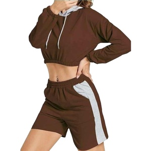Women's <b>Brown</b> Hooded Crop <b>Top</b> & Shorts Set With Side Stripe Sporty 2 Piece Outfit Spring Summer Knitted Spandex Polyester - Product Image 1