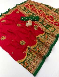 ผ้าไหมมอสเมลโลว์จอร์เจตต์แบบยับ  งานปักฟอยล์วินเทจ  งานกระจกดากา  ลายบุตติ  ขอบปักอย่างดี  ปาลลูหรูหรา  สำหรับงานปาร์ตี้และงานพิธีแบบดั้งเดิม - Product Image 4