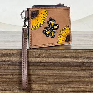Cartera de mano pequeña de cuero genuino con diseño de girasol y mariposa, elegante, con cremallera, tarjetero, estilo occidental. - Product Image 4