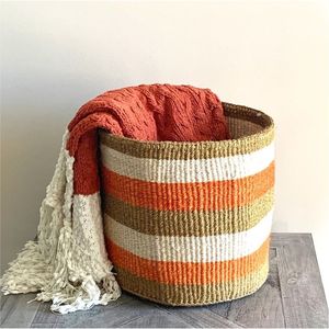 Handwoven Decorative Storage <b>Basket</b> for Living Room Natural Jute & Cotton Striped Laundry <b>Hamper</b> Bohemian Home Organizer <b>Basket</b> - Product Image 1