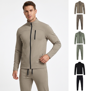 Conjunto Deportivo para Hombre, Color Sólido, Cierre Completo, Cuello Alto, Informal, para Correr, Otoño, Transpirable, Pantalones y Chaqueta de Poliéster y Algodón - Product Image 4