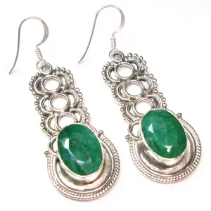 Boucles d'oreilles pendantes en argent sterling 925 avec quartz vert, pierre précieuse ovale, filigrane vintage, style bohème, bijoux ethniques faits à la main pour femmes - Product Image 1