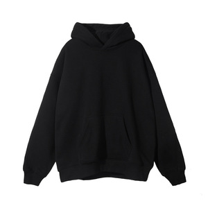 Men's Oversized Black Hooded Casual Fleece Pullover Solid Color Pocket Design Regular Length Knitted Cotton <b>Hoodie</b> 2027 - Product Image 1