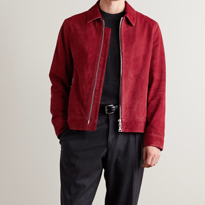 Blouson bomber en daim rouge pour homme, col rabattu, fermeture éclair, style décontracté, automne, manches classiques, couleur unie - Product Image 3