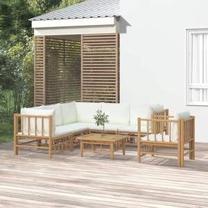 Ensemble de salon de jardin modulaire grand format blanc crème en bambou et polyester, mobilier d'extérieur élégant - Product Image 1
