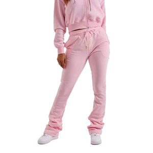 Custom <b>Stacked</b> Leg High Waist Drawstring Sweatpants for Women Casual Flat Front Style Loose Oversized Flared Cotton Pants Plain - Product Image 1