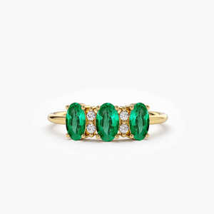 Oval Cut Triple Natural Emerald Stone & Round Cut Diamond <b>Ring</b> 14k Pure Gold Beautiful Engagement Wedding <b>Rings</b> <b>Fine</b> Jewelry RTS - Product Image 1