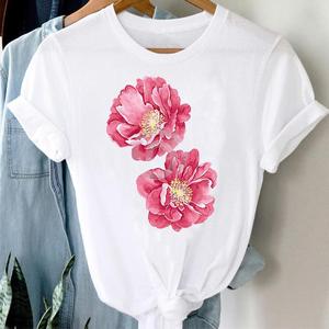 T-shirt décontracté d'été en maille aérée à imprimé rose pour femme – Haut en coton léger et respirant à manches courtes, coupe ajustée et style rétro pour le quotidien - Product Image 3