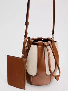 Leather Bucket <b>Bag</b> Women's Tan Beige <b>Canvas</b> <b>Drawstring</b> Crossbody Soft Minimalist Style All Seasons - Product Image 2
