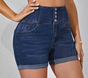 Shorts de Mezclilla de Cintura Alta para Mujer, Color Sólido, Cierre de Botones, Corte Ajustado, Ropa Casual de Verano - Product Image 2