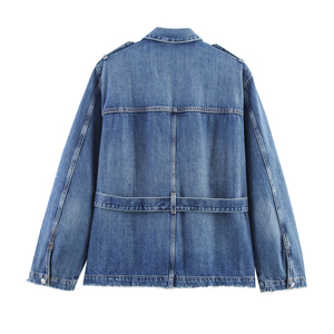 Chaqueta de mezclilla azul para mujer con cuello vuelto, cremallera, fajas, manga larga, estilo casual y holgado. - Product Image 2