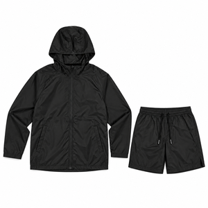 WESTMARK APPAREL INDUSTRY Conjunto Deportivo de Dos Piezas para Hombre, Chaqueta Cortavientos con Capucha y Cremallera Negra, Pantalones Cortos con Cordón, Secado Rápido - Product Image 1